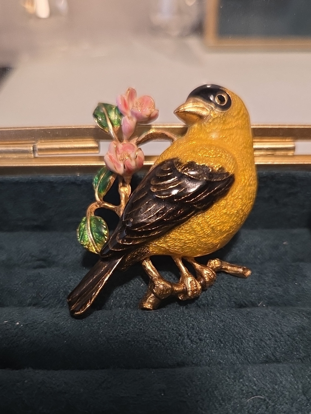 Joan Rivers - Decorative Yellow and Black Bird Brooch with Pink Flower Accent